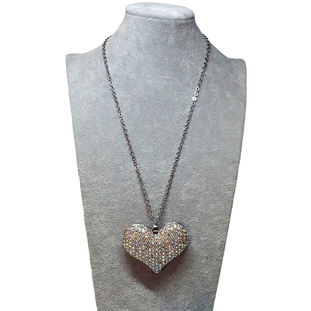 Necklace Rhinestone 3" Pave Heart Long Silver-Tone Chain Cage Back Valentines - Picture 3 of 8